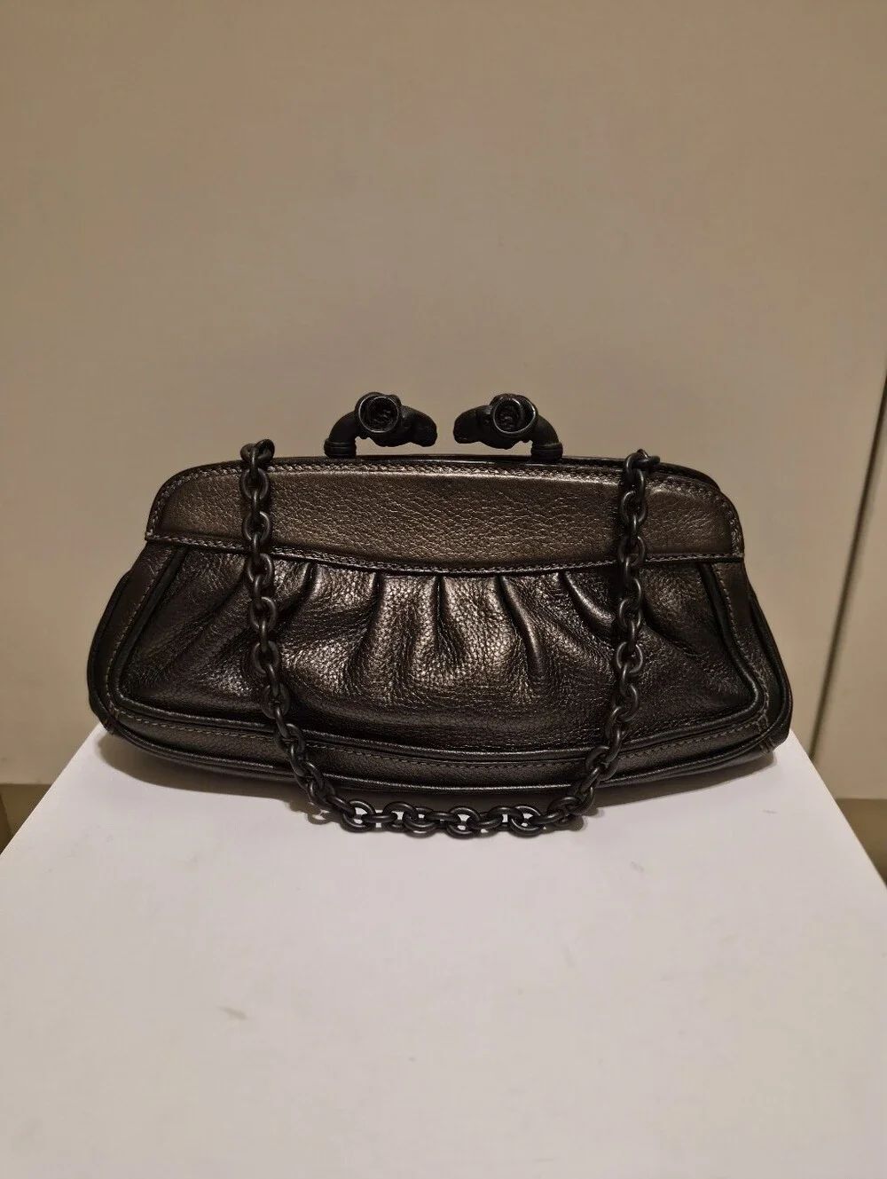 DerekβLam "Clothilde" Metallic Black Leather Frame Chain/Clutch Handbag Ret$1200